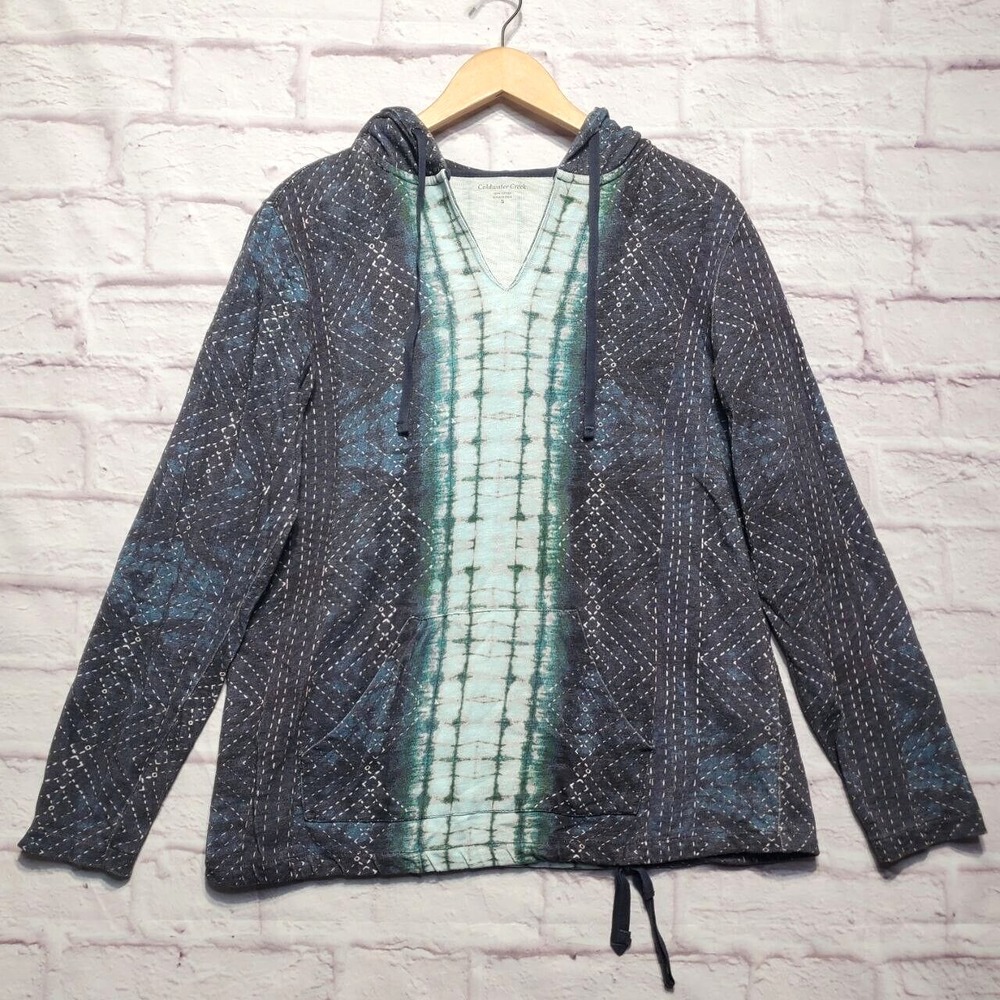 Coldwater Creek Hoodie Women Size S Blue Tie Dye Sashiko Print Cotton Boho